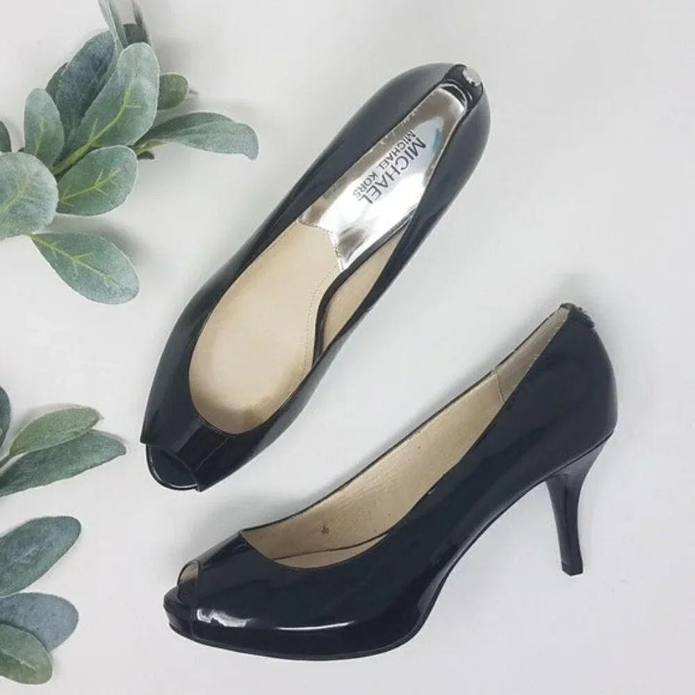 MICHAEL KORS Black Patent Peep Toe Heels 7